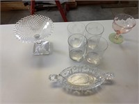 Candy dish, relish dish, cups, misc glassware