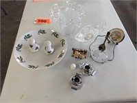 Misc. glassware and 2 silver candle holders