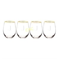 Personalized Gold Rim Stemless Wine Glasses - J