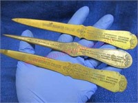 (3) old brass advertising letter openers -indiana