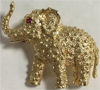 14k Gold Elephant Pin With Ruby Eye