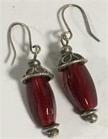 Pair Of Sterling Silver And Red Stone Earrings