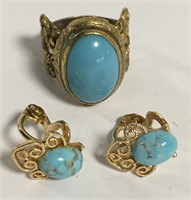 Gold Tone Ring W/ Blue Stone, Clip Earrings