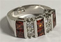 Silver On Copper Fashion Ring, Red & Clear Stones