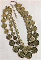 Goldtone Coin Three Strand Necklace