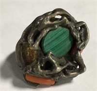 Sterling Silver And Malachite & Coral Ring