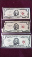 1953, 63, $2 RED SEAL, 1963 $5 RED SEAL NOTES