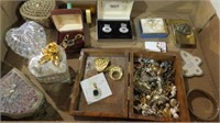 BOX LOT OF ESTATE JEWELRY, MUSIC BOXES, MISC.