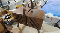 FOLD OUT WOOD SEWING BOX & CONTENTS