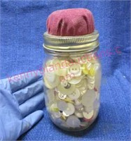 canning jar of old buttons & pin cushion