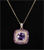 14K YG Amethyst & Diamond Pendant Necklace