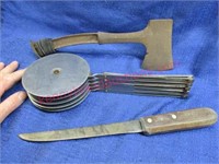 3pc lot: estwing hatchet -old knife -unique cutter