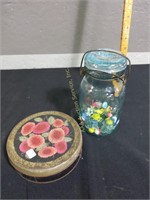Blue Ball jar with a few marbles and empty tin