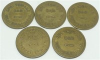 Five Old Brass Tokens from Sportsmans Bar -