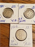 (3) 3 cent Nickels