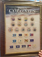 13 Colonies Coins & Stamps in 18" X 14" frame