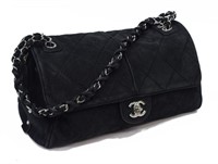 CHANEL BLACK QUILTED SUEDE ACCORDION FLAP BAG