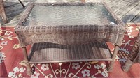 PLASTIC WICKER TABLE WITH GLASS TOP
