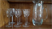 ETCHED GLASS PITCHER + 6 STEMWARE GLASSES