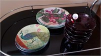 ASSORTMENT OF DISHES + RUBY GLASS FRUIT NAPPIES