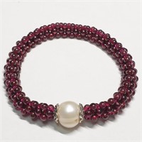 Fresh Water Pearl & Garnet Flexible Bracelet