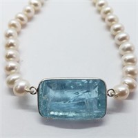 14K White Gold Aquamarine & FW Pearl Necklace