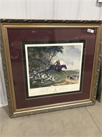 Framed photo of 3 horses, men & dogs