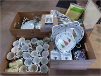 (4) boxes, mugs, plates, christmas plates,