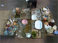 (8) Flats figurines, glassware, candles, misc