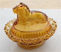 Imperial Glass Lion Lattice Amber Covered Dish