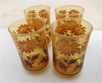 4 Vintage Juice Glasses Amber with Floral Design