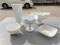 5-Milk Glass Compotes, Bowls and Vase