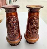 Pair of Copper Colored Vases with Daffodils Design