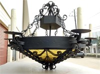 Wrought Iron and Yellow Glass Hanging Lamp