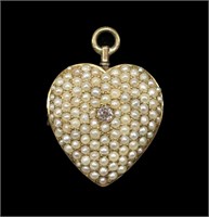 14K Yellow gold heart shaped diamond and pearl