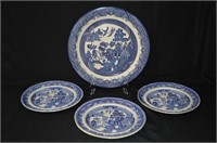 Old Willow Cake Plate & 3 New Dinner Plates