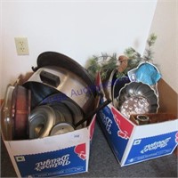 2 boxes cake pans, SS bowls, glass bowl/meat