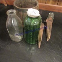 Small wood bucket, glass jars, wood insulater