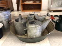 3 Galvanized Watering Cans & Wash Tub