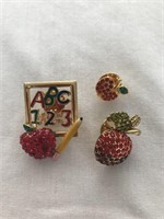 Lot of 3 Apple Jeweled Brooches