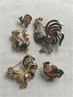 Lot of 5 Chicken Jeweled Brooches