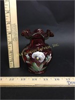 Fenton Cranberry Enameled Glass Vase Artist Signed