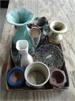 Green tin vase, pottery