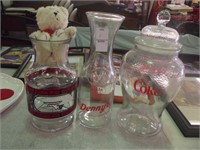 3 GLASS COKE JARS AND SMALL STUFFED BEAR