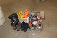 Boots, wire crate, etc.