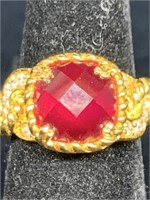 RED / CLEAR CZ STERLING RING WITH GOLD FINISH