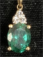 CREATED EMERALD AND WHITE SAPPHIRES PENDANT