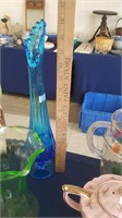 60's Blue Glass Tall Vase Green Depression Vase ++