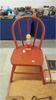 Childs Red Painted Chair & wind-up toy