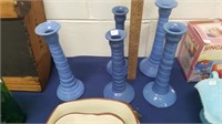 5 Antique Hand Turned Blue Pottery Candlesticks